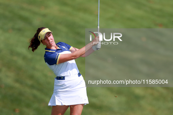 GAINESVILLE, VIRGINIA - SEPTEMBER 15: Georgia Hall of Team Europe hits on  the 13th fairway during the final round of the Solheim Cup at Rob...