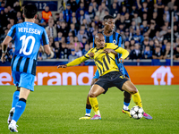 Borussia Dortmund forward Donyell Malen and Club Brugge midfielder Raphael Onyedika during the match between Club Brugge and Borussia Dortmu...