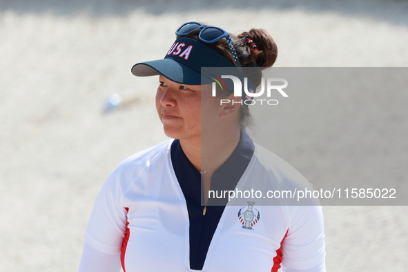 GAINESVILLE, VIRGINIA - SEPTEMBER 15: Megan Khang of the United States looks from the sand trap at the 13th green during the final round of...