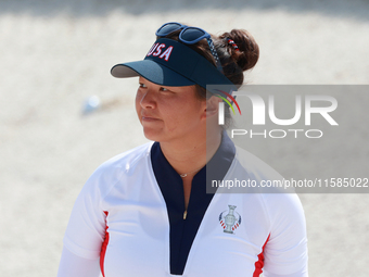 GAINESVILLE, VIRGINIA - SEPTEMBER 15: Megan Khang of the United States looks from the sand trap at the 13th green during the final round of...