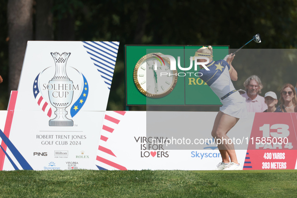 GAINESVILLE, VIRGINIA - SEPTEMBER 15: Charley Hull of Team Europe hits from the 13th tee during the final round of the Solheim Cup at Robert...