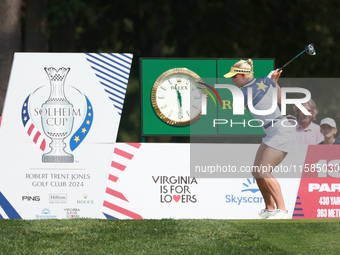 GAINESVILLE, VIRGINIA - SEPTEMBER 15: Charley Hull of Team Europe hits from the 13th tee during the final round of the Solheim Cup at Robert...