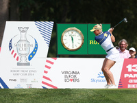 GAINESVILLE, VIRGINIA - SEPTEMBER 15: Charley Hull of Team Europe hits from the 13th tee during the final round of the Solheim Cup at Robert...