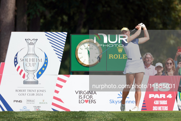 GAINESVILLE, VIRGINIA - SEPTEMBER 15: Charley Hull of Team Europe hits from the 13th tee during the final round of the Solheim Cup at Robert...