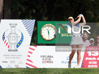 GAINESVILLE, VIRGINIA - SEPTEMBER 15: Charley Hull of Team Europe hits from the 13th tee during the final round of the Solheim Cup at Robert...