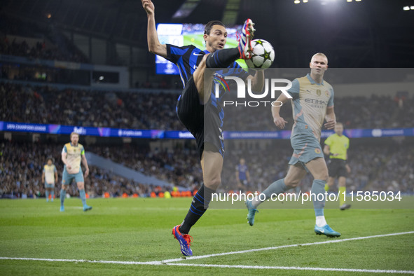 Matteo Darmian #36 of Inter Milan during the UEFA Champions League group stage match between Manchester City and Football Club Internazional...