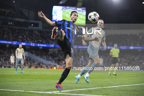 Matteo Darmian #36 of Inter Milan during the UEFA Champions League group stage match between Manchester City and Football Club Internazional...