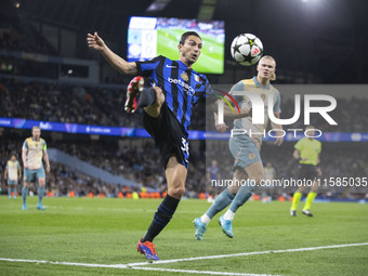 Matteo Darmian #36 of Inter Milan during the UEFA Champions League group stage match between Manchester City and Football Club Internazional...