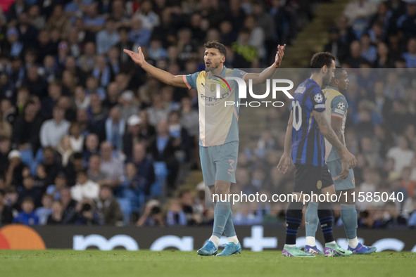 Ruben Dias #3 of Manchester City F.C. gesticulates during the UEFA Champions League League Stage match between Manchester City and Football...