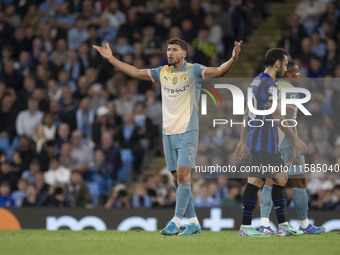 Ruben Dias #3 of Manchester City F.C. gesticulates during the UEFA Champions League League Stage match between Manchester City and Football...