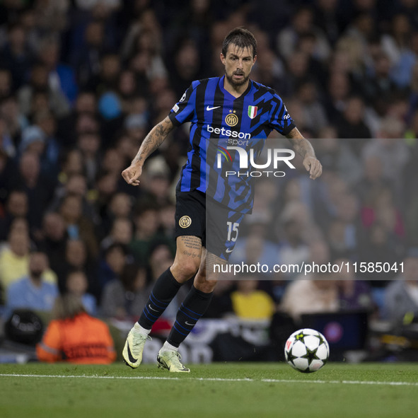 Francesco Acerbi #15 of Inter Milan is in action during the UEFA Champions League League Stage match between Manchester City and Football Cl...