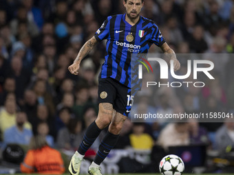 Francesco Acerbi #15 of Inter Milan is in action during the UEFA Champions League League Stage match between Manchester City and Football Cl...