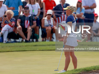 GAINESVILLE, VIRGINIA - SEPTEMBER 15: Charley Hull of Team Europe waits on the 13th green during the final round of the Solheim Cup at Rober...