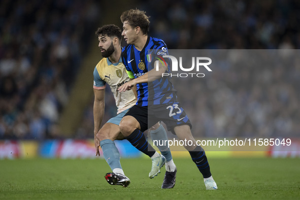 Nicolo Barella #23 of Inter Milan during the UEFA Champions League League Stage match between Manchester City and Football Club Internaziona...