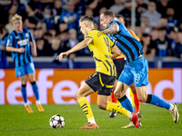 Borussia Dortmund defender Nico Schlotterbeck and Club Brugge forward Gustaf Nilsson during the match between Club Brugge and Borussia Dortm...