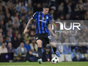 Alessandro Bastoni #95 of Inter Milan during the UEFA Champions League Group Stage match between Manchester City and Football Club Internazi...