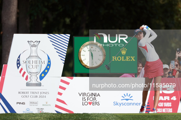 GAINESVILLE, VIRGINIA - SEPTEMBER 15: Nelly Korda of the United States hits from the 13th tee during the final round of the Solheim Cup at R...