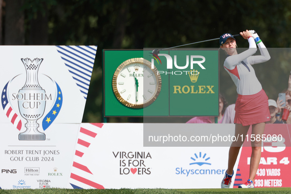 GAINESVILLE, VIRGINIA - SEPTEMBER 15: Nelly Korda of the United States hits from the 13th tee during the final round of the Solheim Cup at R...