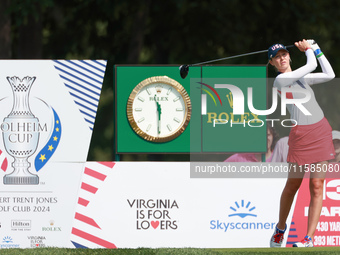 GAINESVILLE, VIRGINIA - SEPTEMBER 15: Nelly Korda of the United States hits from the 13th tee during the final round of the Solheim Cup at R...