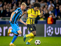 Club Brugge defender Joaquin Seys and Borussia Dortmund forward Karim Adeyemi during the match between Club Brugge and Borussia Dortmund at...