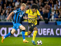 Club Brugge defender Joaquin Seys and Borussia Dortmund forward Karim Adeyemi during the match between Club Brugge and Borussia Dortmund at...