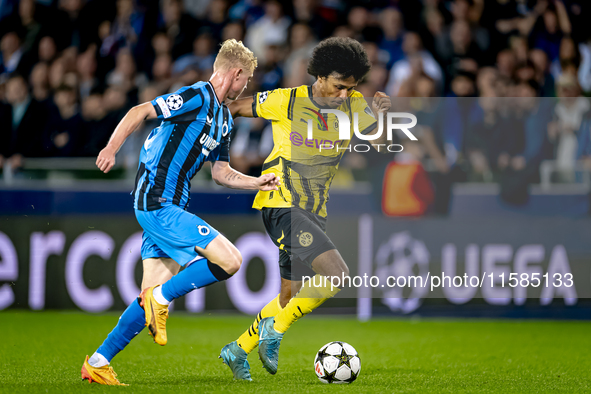 Club Brugge defender Joaquin Seys and Borussia Dortmund forward Karim Adeyemi during the match between Club Brugge and Borussia Dortmund at...