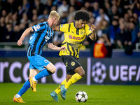 Club Brugge defender Joaquin Seys and Borussia Dortmund forward Karim Adeyemi during the match between Club Brugge and Borussia Dortmund at...