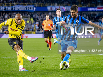 Borussia Dortmund forward Donyell Malen and Club Brugge defender Brandon Mechele during the match between Club Brugge and Borussia Dortmund...