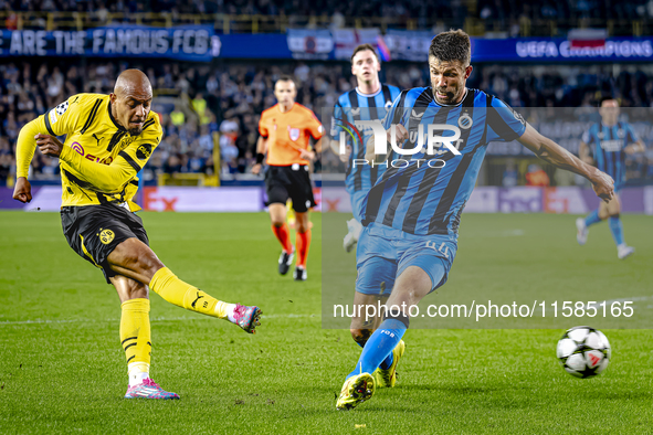 Borussia Dortmund forward Donyell Malen and Club Brugge defender Brandon Mechele during the match between Club Brugge and Borussia Dortmund...