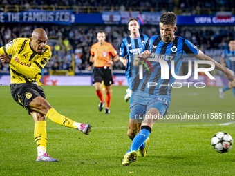 Borussia Dortmund forward Donyell Malen and Club Brugge defender Brandon Mechele during the match between Club Brugge and Borussia Dortmund...