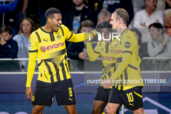 Borussia Dortmund defender Jamie Bynoe-Gittens scores the 0-1 and celebrates the goal during the match Club Brugge - Borussia Dortmund at th...