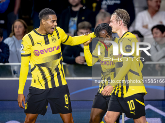 Borussia Dortmund defender Jamie Bynoe-Gittens scores the 0-1 and celebrates the goal during the match Club Brugge - Borussia Dortmund at th...