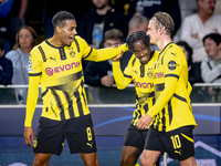 Borussia Dortmund defender Jamie Bynoe-Gittens scores the 0-1 and celebrates the goal during the match Club Brugge - Borussia Dortmund at th...