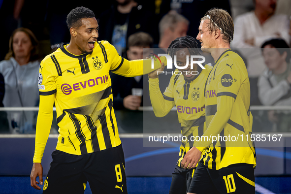 Borussia Dortmund defender Jamie Bynoe-Gittens scores the 0-1 and celebrates the goal during the match Club Brugge - Borussia Dortmund at th...