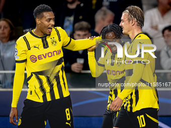 Borussia Dortmund defender Jamie Bynoe-Gittens scores the 0-1 and celebrates the goal during the match Club Brugge - Borussia Dortmund at th...