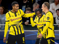 Borussia Dortmund defender Jamie Bynoe-Gittens scores the 0-1 and celebrates the goal during the match Club Brugge - Borussia Dortmund at th...