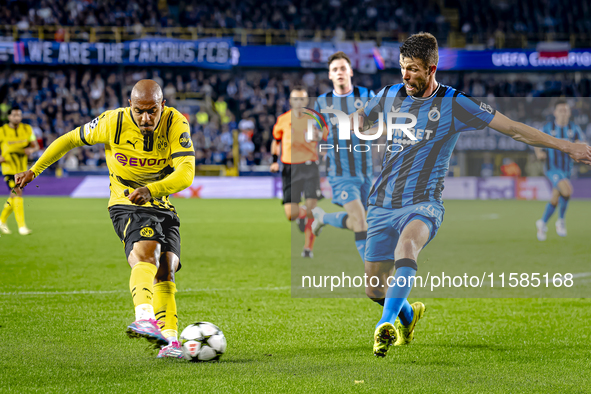 Borussia Dortmund forward Donyell Malen and Club Brugge defender Brandon Mechele during the match between Club Brugge and Borussia Dortmund...