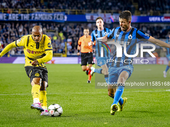 Borussia Dortmund forward Donyell Malen and Club Brugge defender Brandon Mechele during the match between Club Brugge and Borussia Dortmund...