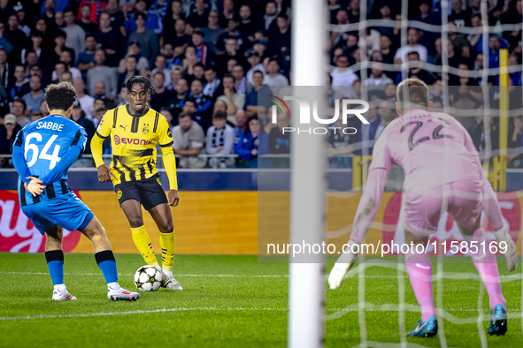 Borussia Dortmund defender Jamie Bynoe-Gittens during the match between Club Brugge and Borussia Dortmund at the Jan Breydelstadion for the...