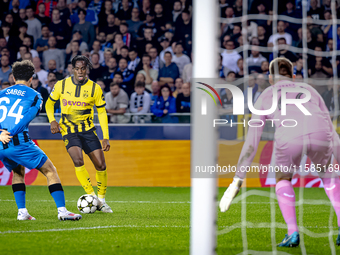 Borussia Dortmund defender Jamie Bynoe-Gittens during the match between Club Brugge and Borussia Dortmund at the Jan Breydelstadion for the...