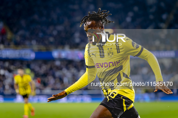 Borussia Dortmund defender Jamie Bynoe-Gittens scores the 0-2 and celebrates the goal during the match Club Brugge - Borussia Dortmund at th...