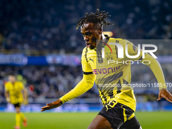 Borussia Dortmund defender Jamie Bynoe-Gittens scores the 0-2 and celebrates the goal during the match Club Brugge - Borussia Dortmund at th...