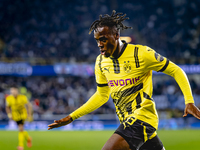 Borussia Dortmund defender Jamie Bynoe-Gittens scores the 0-2 and celebrates the goal during the match Club Brugge - Borussia Dortmund at th...