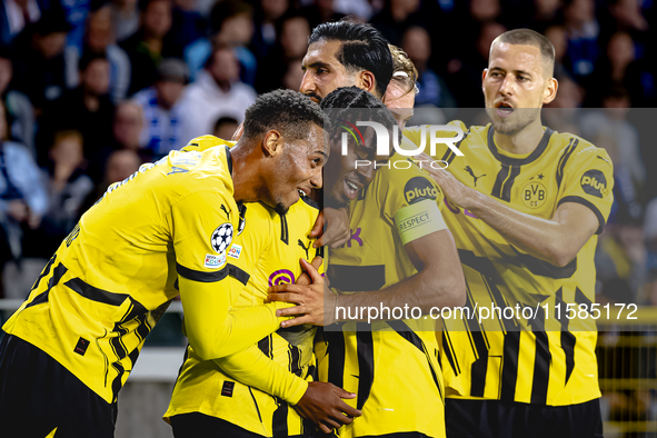 Borussia Dortmund defender Jamie Bynoe-Gittens scores the 0-2 and celebrates the goal during the match Club Brugge - Borussia Dortmund at th...