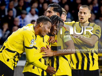 Borussia Dortmund defender Jamie Bynoe-Gittens scores the 0-2 and celebrates the goal during the match Club Brugge - Borussia Dortmund at th...