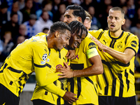 Borussia Dortmund defender Jamie Bynoe-Gittens scores the 0-2 and celebrates the goal during the match Club Brugge - Borussia Dortmund at th...