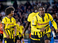 Borussia Dortmund defender Jamie Bynoe-Gittens scores the 0-2 and celebrates the goal during the match Club Brugge - Borussia Dortmund at th...