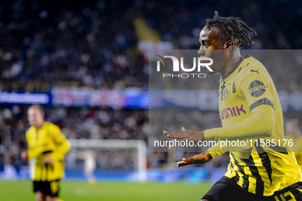 Borussia Dortmund defender Jamie Bynoe-Gittens scores the 0-2 and celebrates the goal during the match Club Brugge - Borussia Dortmund at th...