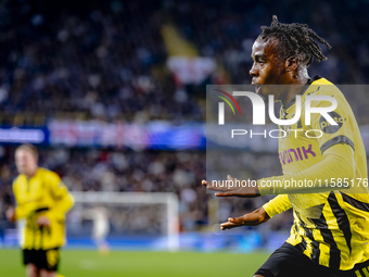 Borussia Dortmund defender Jamie Bynoe-Gittens scores the 0-2 and celebrates the goal during the match Club Brugge - Borussia Dortmund at th...