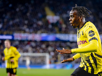 Borussia Dortmund defender Jamie Bynoe-Gittens scores the 0-2 and celebrates the goal during the match Club Brugge - Borussia Dortmund at th...